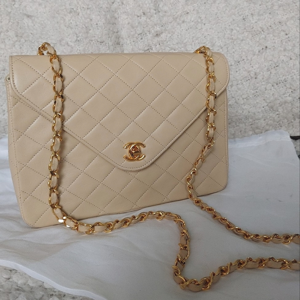 Chanel Beige Classic Quilted Matelasse Lambskin Bag - Picture 15 of 17
